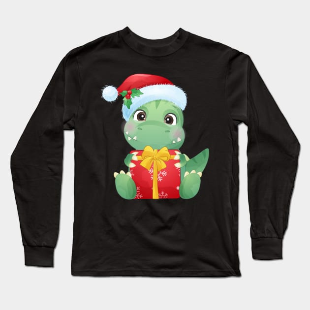 Cute Christmas Dinosaur With Santa Hat Holding A Gift Box Long Sleeve T-Shirt by P-ashion Tee